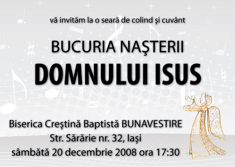 Biserica Crestina Baptista Bunavestire Iasi grup Cehnaia seara de colind si cuvant Bucuria Nasterii Domnului Isus invitatie